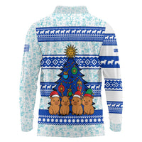 Uruguay Christmas Long Sleeve Polo Shirt with Capybaras Holiday Tree Sun Emblem and Blue Festive Pattern - Wonder Print Shop