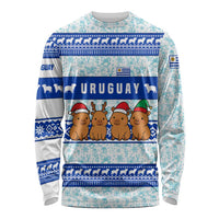 Uruguay Christmas Long Sleeve Shirt with Capybaras Holiday Tree Sun Emblem and Blue Festive Pattern - Wonder Print Shop