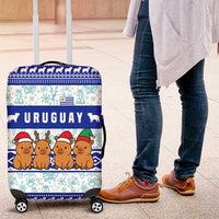 Uruguay Christmas Luggage Cover with Capybaras Holiday Tree Sun Emblem and Blue Festive Pattern - Wonder Print Shop