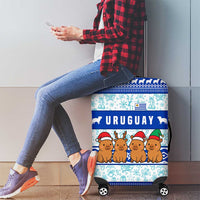 Uruguay Christmas Luggage Cover with Capybaras Holiday Tree Sun Emblem and Blue Festive Pattern - Wonder Print Shop