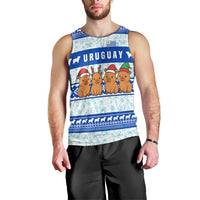 Uruguay Christmas Men Tank Top with Capybaras Holiday Tree Sun Emblem and Blue Festive Pattern - Wonder Print Shop