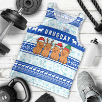 Uruguay Christmas Men Tank Top with Capybaras Holiday Tree Sun Emblem and Blue Festive Pattern - Wonder Print Shop