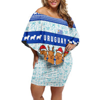 Uruguay Christmas Off Shoulder Short Dress with Capybaras Holiday Tree Sun Emblem and Blue Festive Pattern - Wonder Print Shop