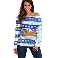 Uruguay Christmas Off Shoulder Sweater with Capybaras Holiday Tree Sun Emblem and Blue Festive Pattern - Wonder Print Shop