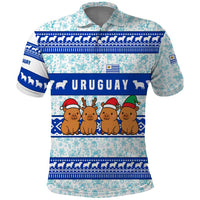 Uruguay Christmas Polo Shirt with Capybaras Holiday Tree Sun Emblem and Blue Festive Pattern - Wonder Print Shop