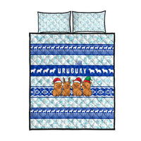 Uruguay Christmas Quilt Bed Set with Capybaras Holiday Tree Sun Emblem and Blue Festive Pattern - Wonder Print Shop