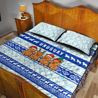 Uruguay Christmas Quilt Bed Set with Capybaras Holiday Tree Sun Emblem and Blue Festive Pattern - Wonder Print Shop