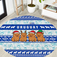 Uruguay Christmas Round Carpet with Capybaras Holiday Tree Sun Emblem and Blue Festive Pattern - Wonder Print Shop