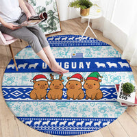 Uruguay Christmas Round Carpet with Capybaras Holiday Tree Sun Emblem and Blue Festive Pattern - Wonder Print Shop