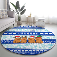 Uruguay Christmas Round Carpet with Capybaras Holiday Tree Sun Emblem and Blue Festive Pattern - Wonder Print Shop