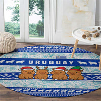Uruguay Christmas Round Carpet with Capybaras Holiday Tree Sun Emblem and Blue Festive Pattern - Wonder Print Shop