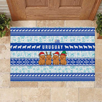 Uruguay Christmas Rubber Doormat with Capybaras Holiday Tree Sun Emblem and Blue Festive Pattern - Wonder Print Shop