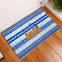 Uruguay Christmas Rubber Doormat with Capybaras Holiday Tree Sun Emblem and Blue Festive Pattern - Wonder Print Shop
