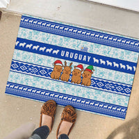 Uruguay Christmas Rubber Doormat with Capybaras Holiday Tree Sun Emblem and Blue Festive Pattern - Wonder Print Shop