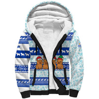 Uruguay Christmas Sherpa Hoodie with Capybaras Holiday Tree Sun Emblem and Blue Festive Pattern - Wonder Print Shop