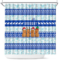 Uruguay Christmas Shower Curtain with Capybaras Holiday Tree Sun Emblem and Blue Festive Pattern - Wonder Print Shop