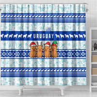 Uruguay Christmas Shower Curtain with Capybaras Holiday Tree Sun Emblem and Blue Festive Pattern - Wonder Print Shop