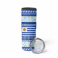 Uruguay Christmas Skinny Tumbler with Capybaras Holiday Tree Sun Emblem and Blue Festive Pattern - Wonder Print Shop