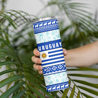 Uruguay Christmas Skinny Tumbler with Capybaras Holiday Tree Sun Emblem and Blue Festive Pattern - Wonder Print Shop