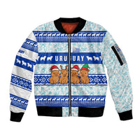 Uruguay Christmas Sleeve Zip Bomber Jacket with Capybaras Holiday Tree Sun Emblem and Blue Festive Pattern - Wonder Print Shop