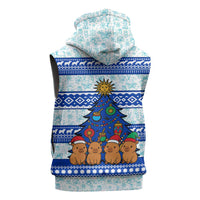 Uruguay Christmas Sleeveless Hoodie with Capybaras Holiday Tree Sun Emblem and Blue Festive Pattern - Wonder Print Shop
