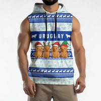 Uruguay Christmas Sleeveless Hoodie with Capybaras Holiday Tree Sun Emblem and Blue Festive Pattern - Wonder Print Shop
