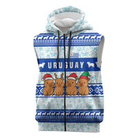 Uruguay Christmas Sleeveless Zip Hoodie with Capybaras Holiday Tree Sun Emblem and Blue Festive Pattern - Wonder Print Shop
