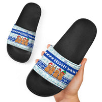 Uruguay Christmas Slide Sandals with Capybaras Holiday Tree Sun Emblem and Blue Festive Pattern - Wonder Print Shop