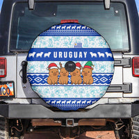 Uruguay Christmas Spare Tire Cover with Capybaras Holiday Tree Sun Emblem and Blue Festive Pattern - Wonder Print Shop