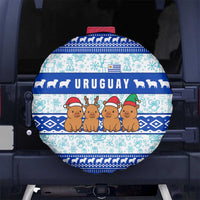 Uruguay Christmas Spare Tire Cover with Capybaras Holiday Tree Sun Emblem and Blue Festive Pattern - Wonder Print Shop