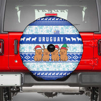 Uruguay Christmas Spare Tire Cover with Capybaras Holiday Tree Sun Emblem and Blue Festive Pattern - Wonder Print Shop