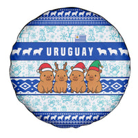 Uruguay Christmas Spare Tire Cover with Capybaras Holiday Tree Sun Emblem and Blue Festive Pattern - Wonder Print Shop