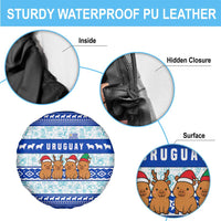 Uruguay Christmas Spare Tire Cover with Capybaras Holiday Tree Sun Emblem and Blue Festive Pattern - Wonder Print Shop