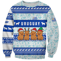 Uruguay Christmas Sweatshirt with Capybaras Holiday Tree Sun Emblem and Blue Festive Pattern - Wonder Print Shop