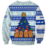 Uruguay Christmas Sweatshirt with Capybaras Holiday Tree Sun Emblem and Blue Festive Pattern - Wonder Print Shop