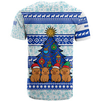 Uruguay Christmas T Shirt with Capybaras Holiday Tree Sun Emblem and Blue Festive Pattern - Wonder Print Shop