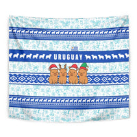 Uruguay Christmas Tapestry with Capybaras Holiday Tree Sun Emblem and Blue Festive Pattern - Wonder Print Shop