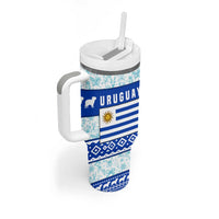 Uruguay Christmas Tumbler With Handle with Capybaras Holiday Tree Sun Emblem and Blue Festive Pattern - Wonder Print Shop