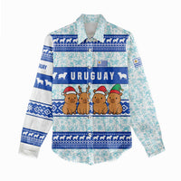 Uruguay Christmas Women Casual Shirt with Capybaras Holiday Tree Sun Emblem and Blue Festive Pattern - Wonder Print Shop
