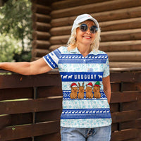 Uruguay Christmas Women Polo Shirt with Capybaras Holiday Tree Sun Emblem and Blue Festive Pattern - Wonder Print Shop