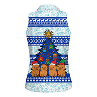 Uruguay Christmas Women Sleeveless Polo Shirt with Capybaras Holiday Tree Sun Emblem and Blue Festive Pattern - Wonder Print Shop
