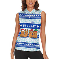Uruguay Christmas Women Sleeveless Polo Shirt with Capybaras Holiday Tree Sun Emblem and Blue Festive Pattern - Wonder Print Shop