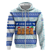 Uruguay Christmas Zip Hoodie with Capybaras Holiday Tree Sun Emblem and Blue Festive Pattern - Wonder Print Shop