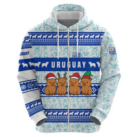 Uruguay Christmas Zip Hoodie with Capybaras Holiday Tree Sun Emblem and Blue Festive Pattern - Wonder Print Shop