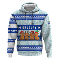 Uruguay Christmas Zip Hoodie with Capybaras Holiday Tree Sun Emblem and Blue Festive Pattern - Wonder Print Shop