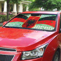 Albania Christmas Auto Sun Shade with Green-Red Design, Double-Headed Eagle Emblem, and Santa Motif - Wonder Print Shop