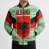 Albania Christmas Bomber Puffer Jacket with Green-Red Design, Double-Headed Eagle Emblem, and Santa Motif - Wonder Print Shop