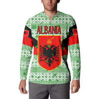 Albania Christmas Button Sweatshirt with Green-Red Design, Double-Headed Eagle Emblem, and Santa Motif - Wonder Print Shop