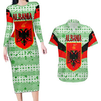 Albania Christmas Couples Matching Long Sleeve Bodycon Dress and Hawaiian Shirt with Green-Red Design, Double-Headed Eagle Emblem, and Santa Motif - Wonder Print Shop