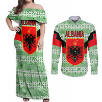 Albania Christmas Couples Matching Off Shoulder Maxi Dress and Long Sleeve Button Shirt with Green-Red Design, Double-Headed Eagle Emblem, and Santa Motif - Wonder Print Shop
